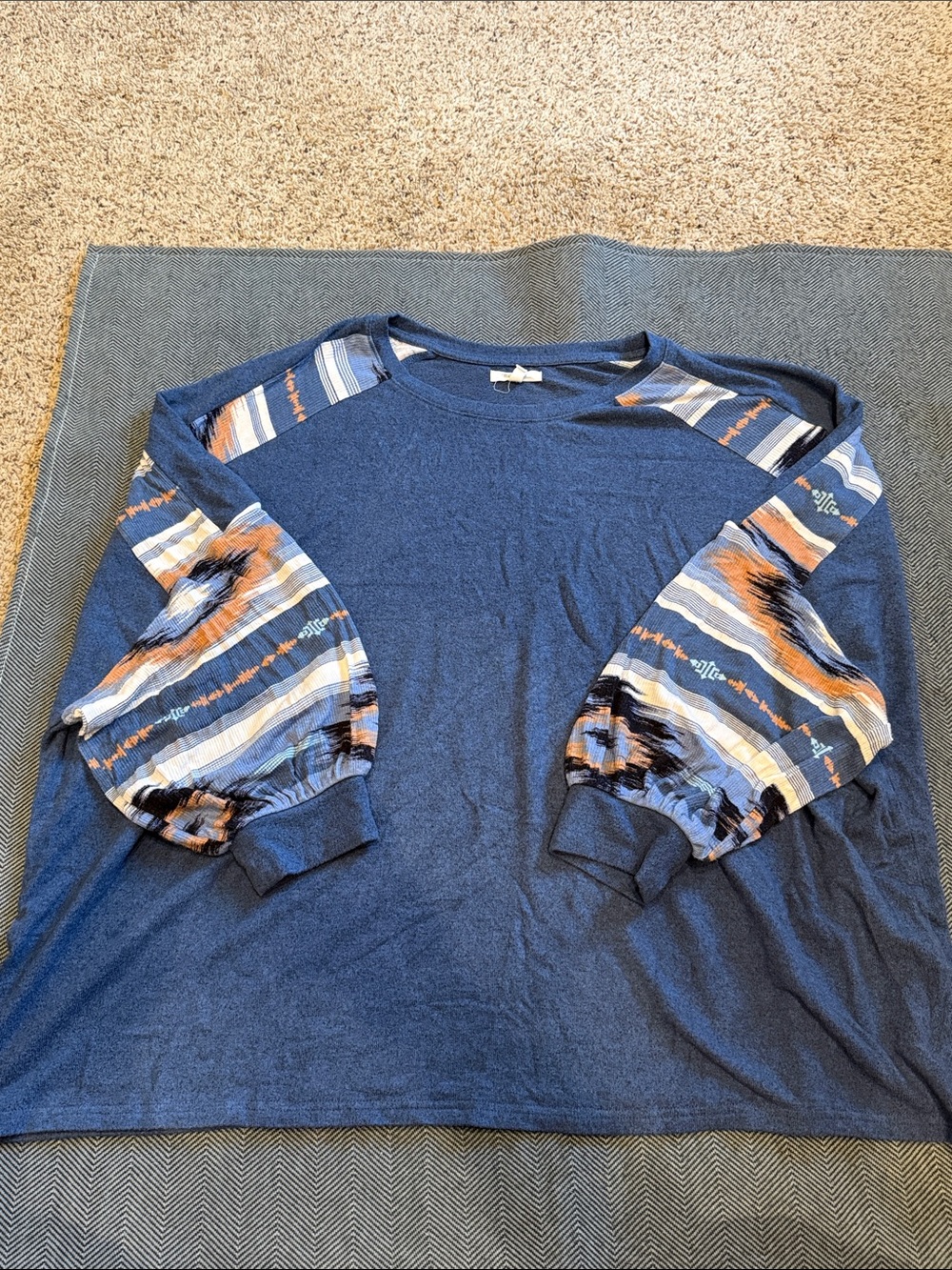 Maurices Navy Top with Striped Balloon Sleeves